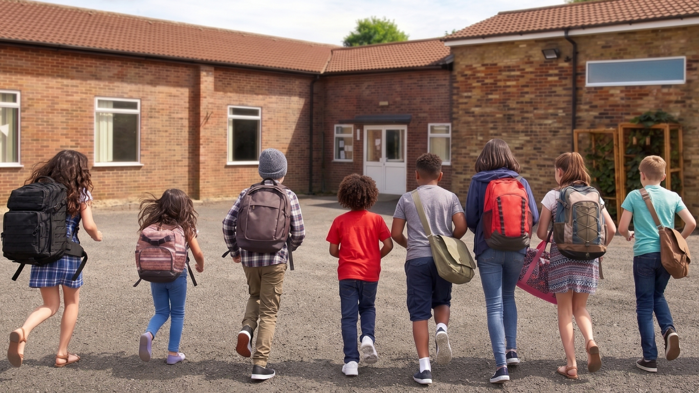 Children running towards the Horizon Kids Club building