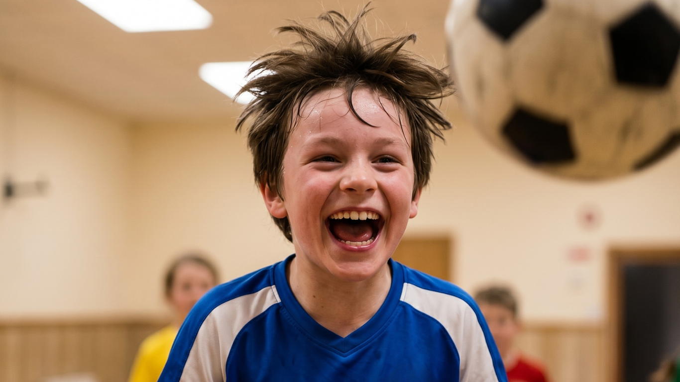 Happy boys playing indoor football inside Horizon Kids Club hall