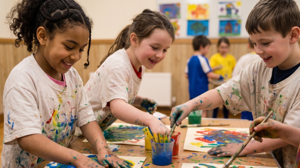 Children aged 8 to 10 painting inside Horizon Kids Club hall