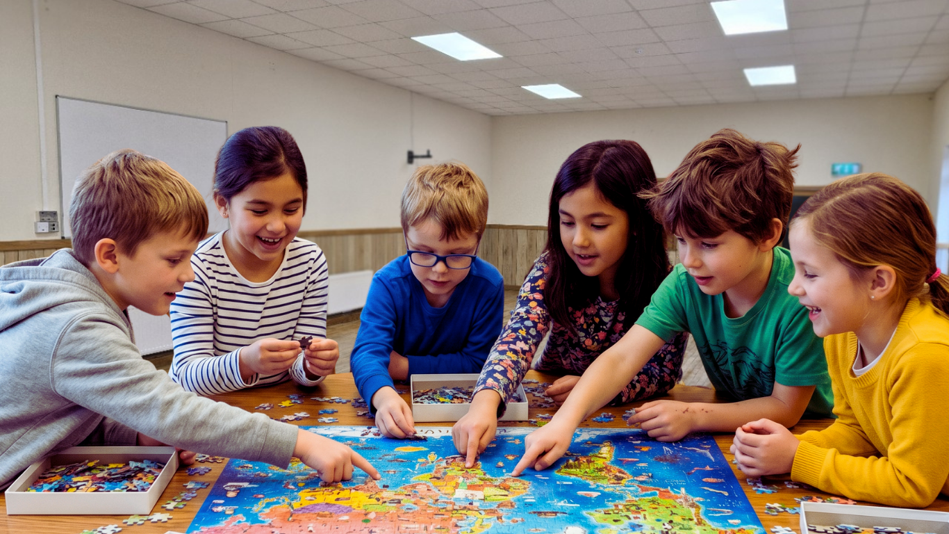 Children from different backgrounds playing with puzzles in the hall