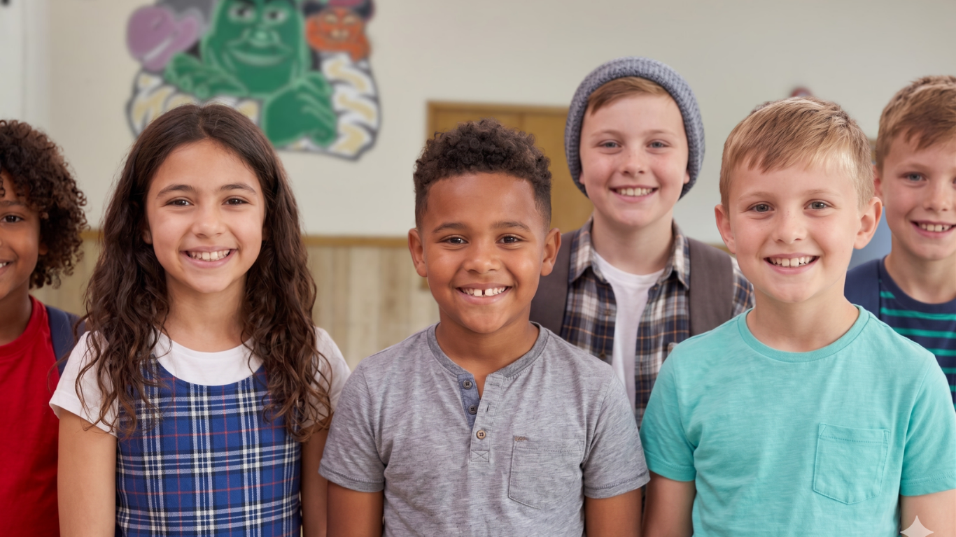 Happy children aged 10 to 12 smiling inside Horizon Kids Club hall